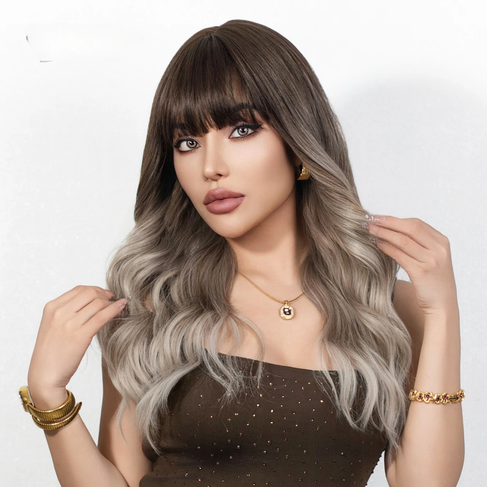 Medium Long Synthetic Ombre Chocolate to White Blonde Color Curly Hair Bangs Wigs