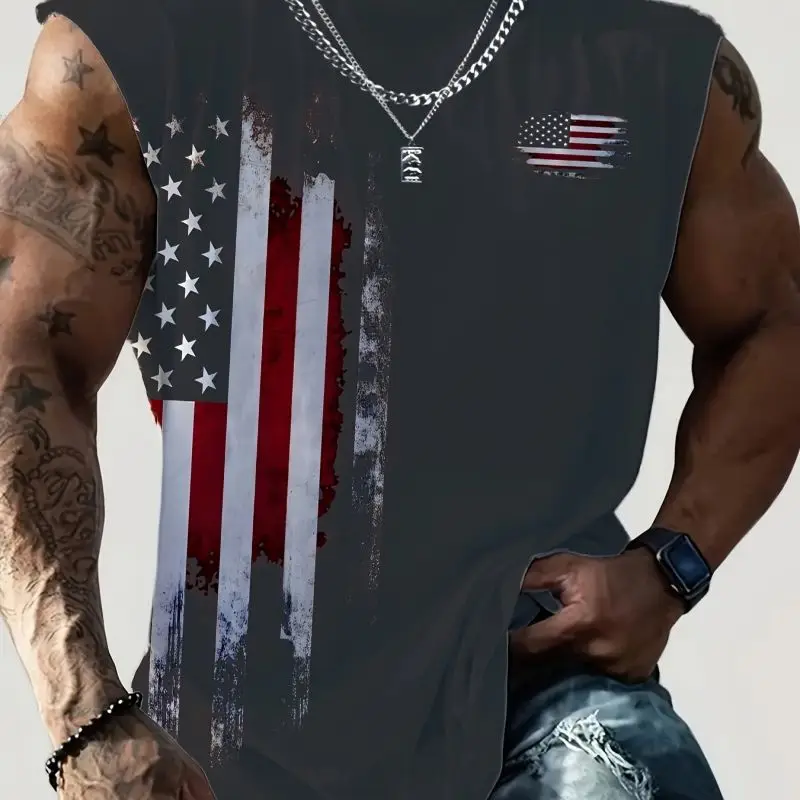 Men's sleeveless vest sports fitness personality pattern European and American  printing summer casual round neck vest flag top