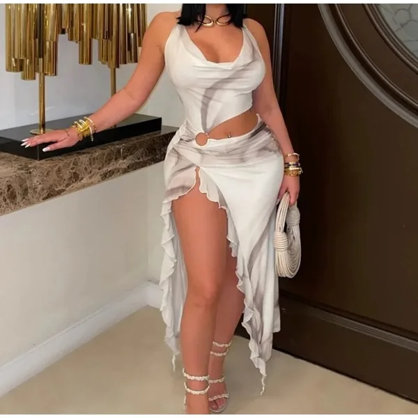 

Sexy Dress for Women New Summer 2025 Sleeveless Pile Collar Halter Print Ruffles Split Long Skirt Party Birthday Evening Dresses