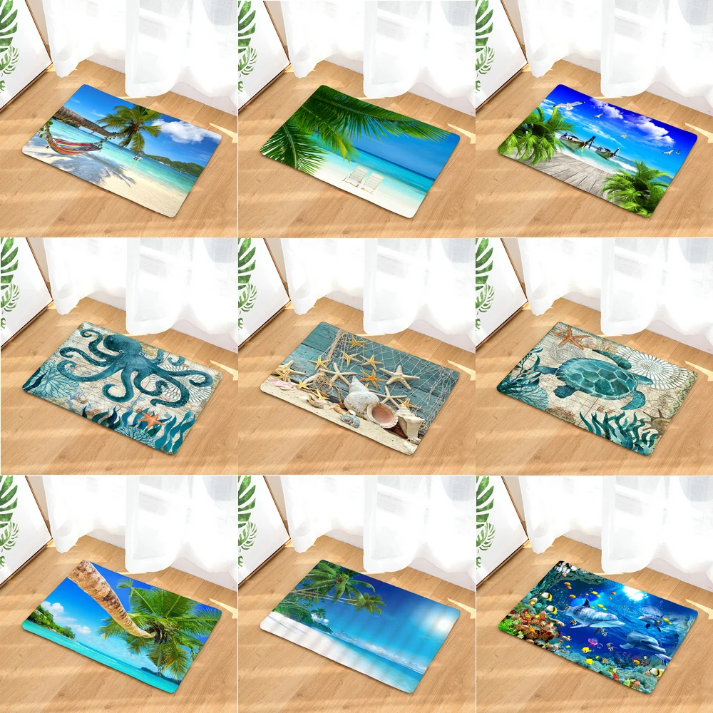 

45*75CM Mediterranean Ocean Beach Style Bathroom Carpet Bath Mat Set 3D Printed Bathroom Floor Carpet Toilet Rugs WC Doormat