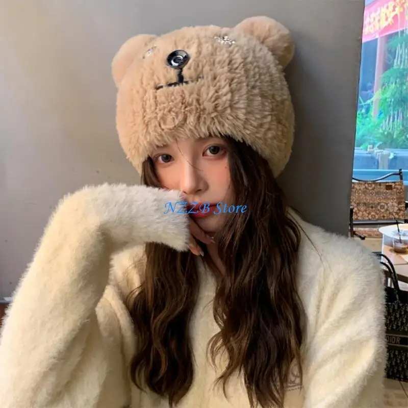 

T21F Bear Ear Plush Hat Travel Friendly Hat Unisex Animal Hat Soft Furry Hat for Cold Weather and Daily Wear