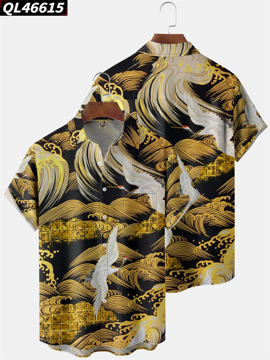 

Vintage Hawaiian Shirts Men Hip Hop Fashion Shirt Short Sleeve Top Summer Crane Printed Blouse