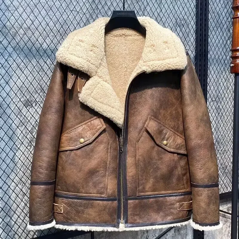 Vintage Men Genuine Natural Sheepskin Shearling Leather Coat Warm Thick Wool Cashmere Liner Motorcyclist Jacket Brown XXXXXXXXL