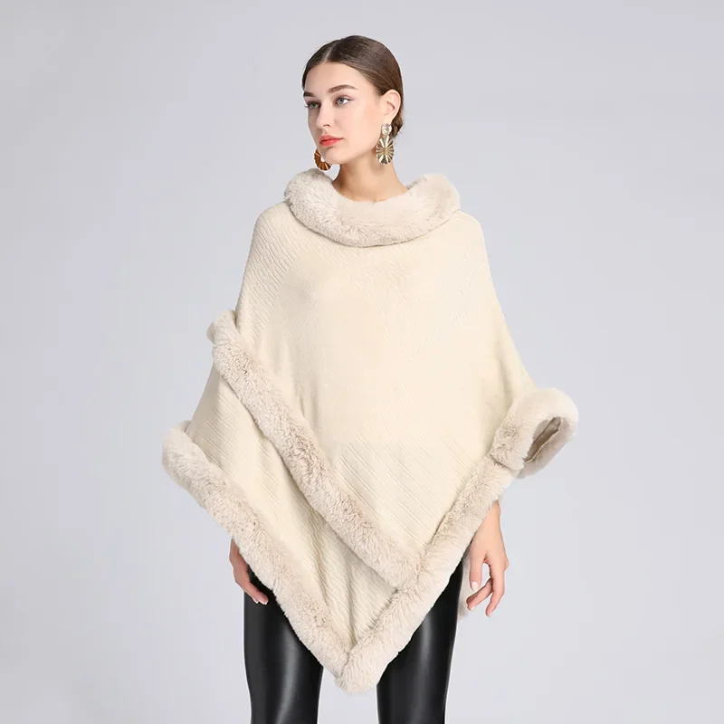 Autumn winter new imitation otter rabbit fur collar Capes Pullover Women Knit Poncho Lady Capes Beige Cloak