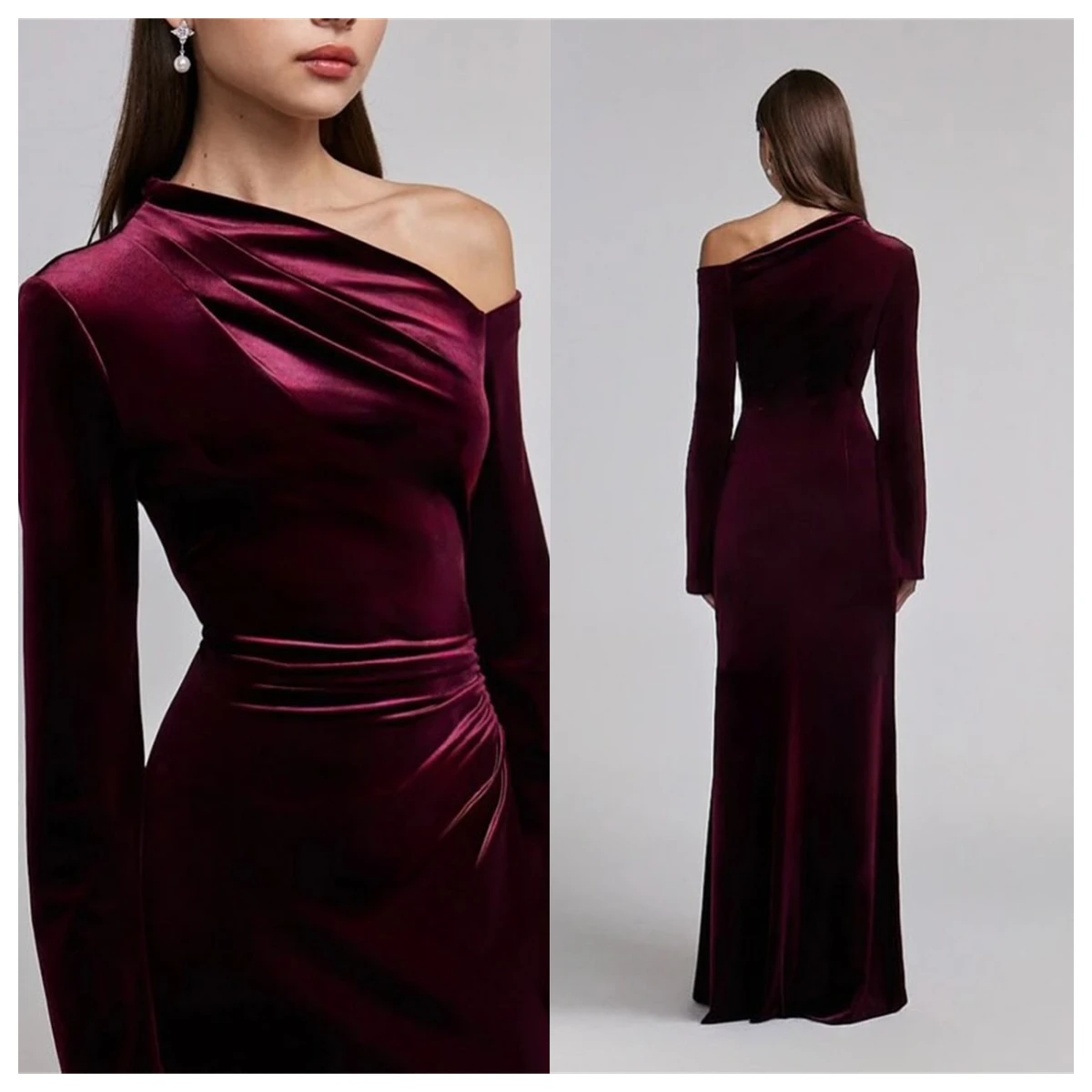 

Customized Temperament Burgundy Velvet Evening Dress Off the Shoulder Long Sleeves Celebrity Gowns Vestido De Festa Graceful