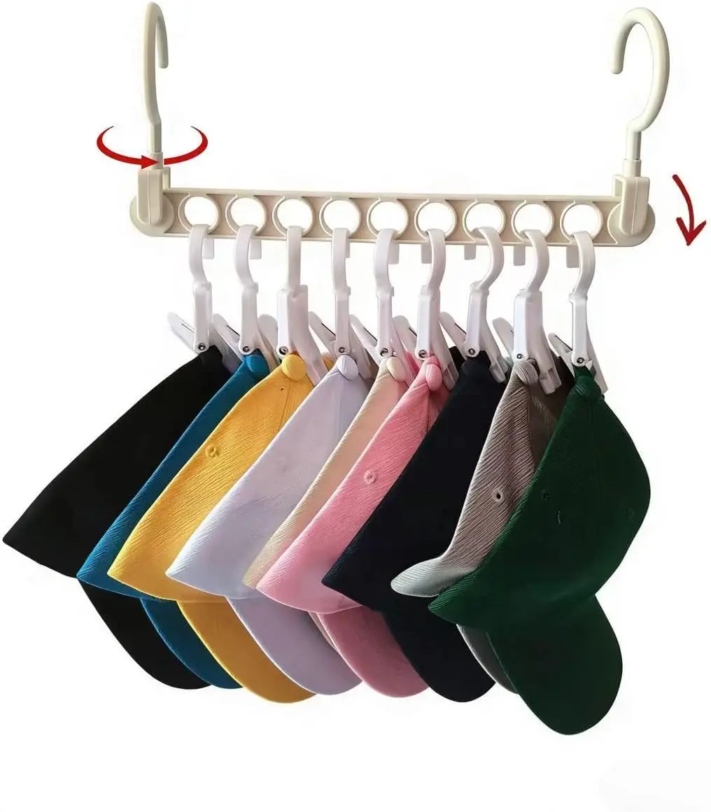 

9-Hook Wall Mounted Hat Organizer for Closet Horizontal & Vertical Hat Rack with Clips Space Saving Cap Holder for Baseball Caps & Accessories