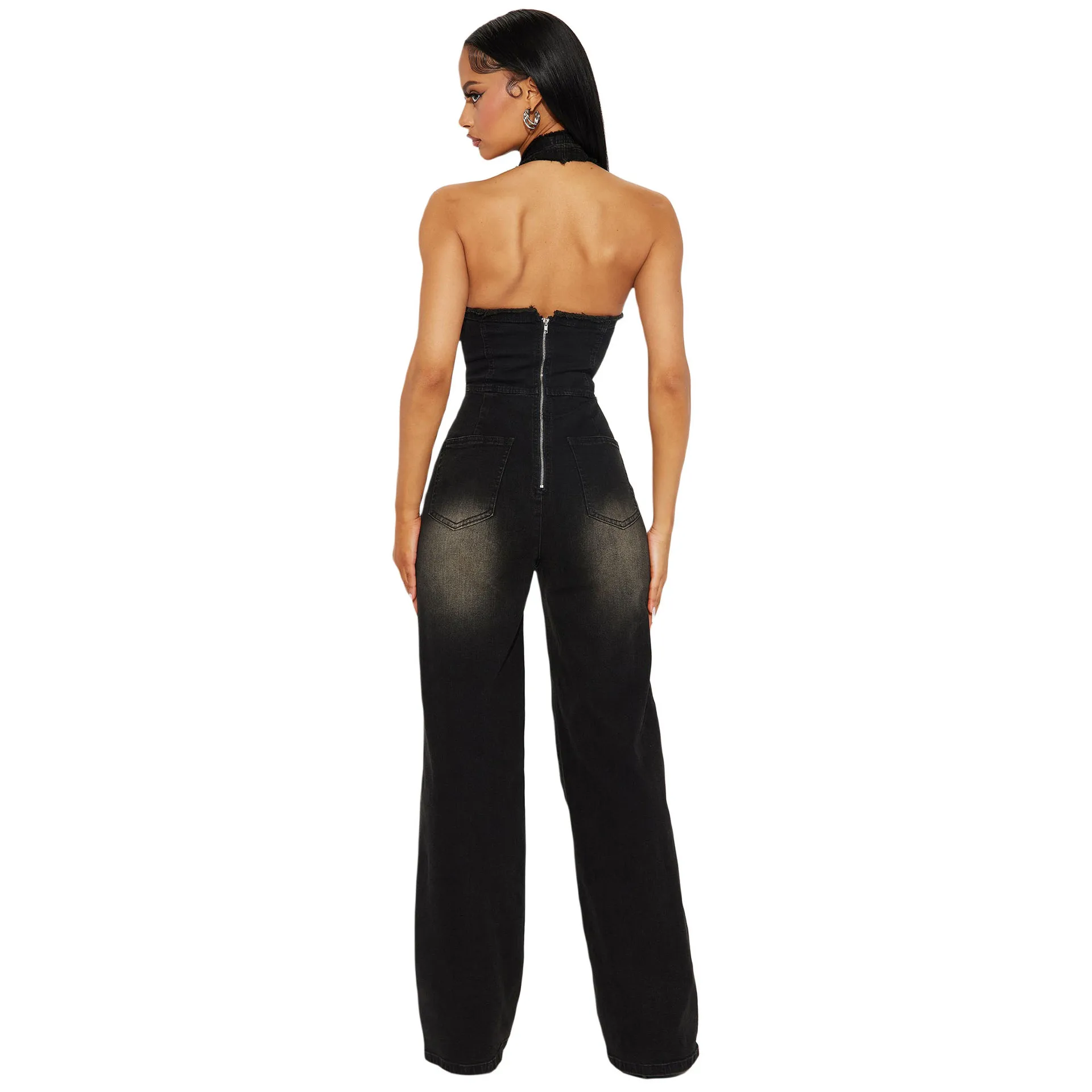 Elegant Women Denim Jumpsuits Sleeveless Halter Neck Rompers 2025 Summer Workout Activewear Sexy Backless Office Lady One Piece
