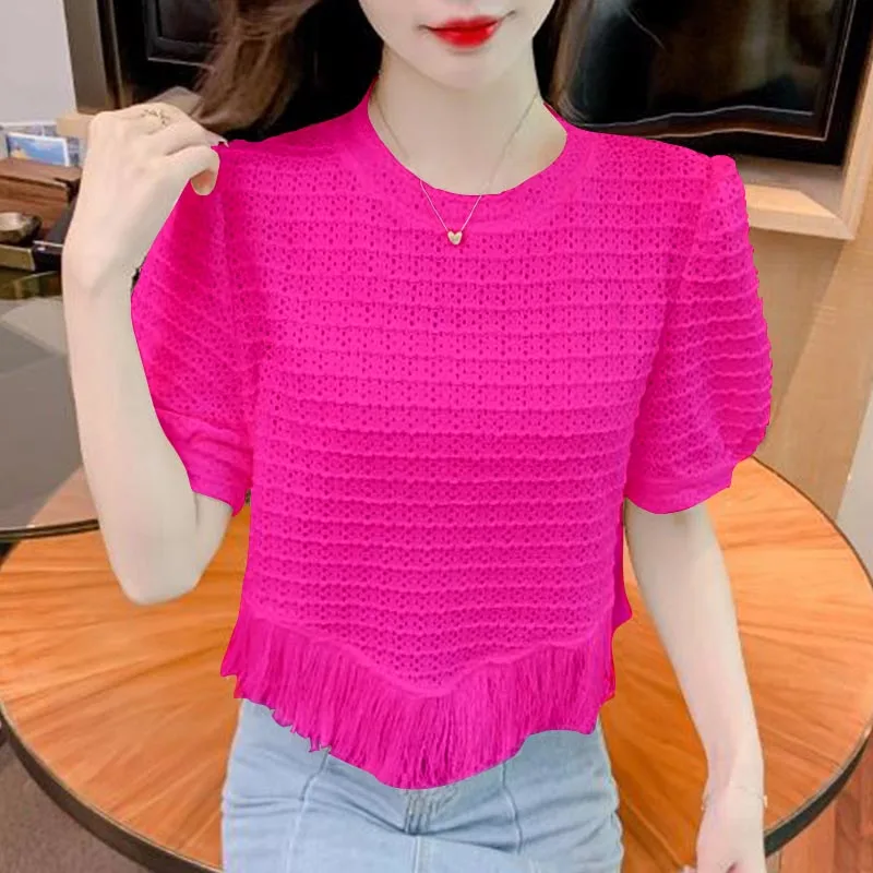 女性服夏の韓国のファッションタッセル無地 O ネックレディースエレガントなトレンド気質セレブ半袖 Tシャツ