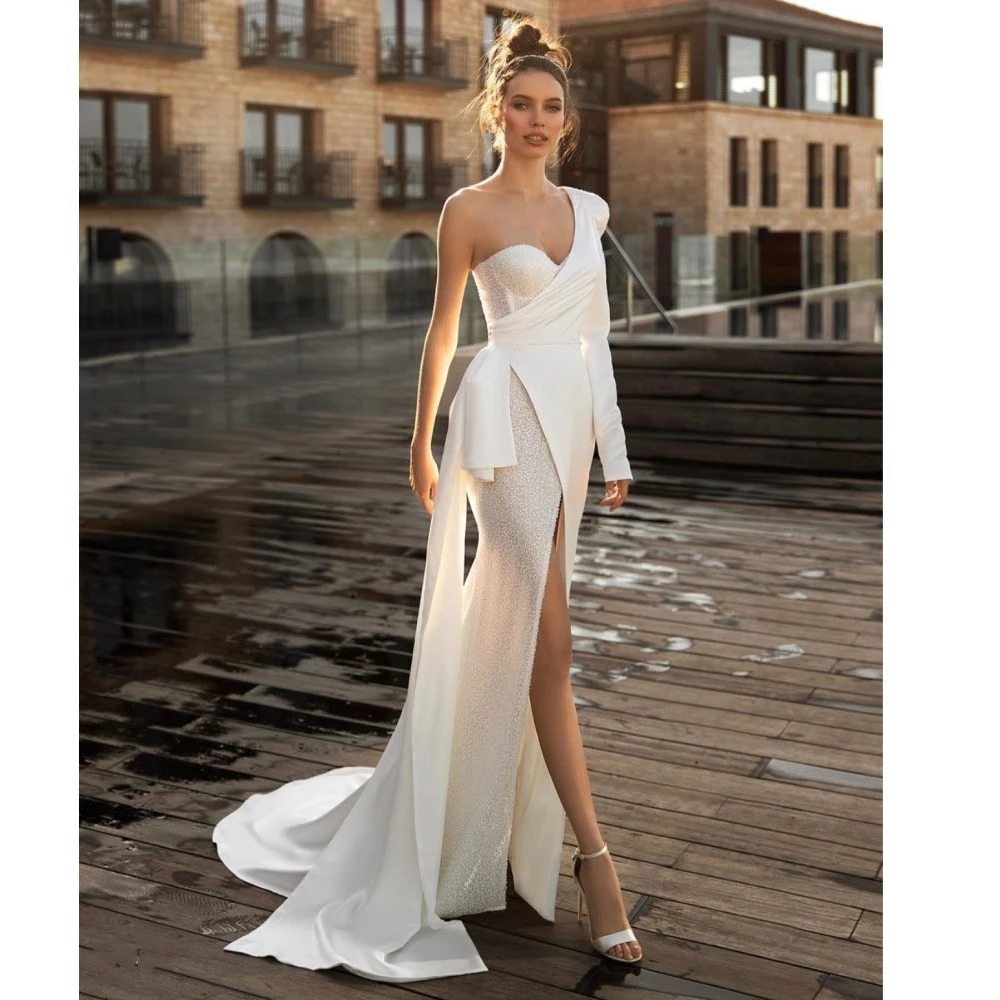 Abiti da sposa moderni abiti da sposa in raso Sexy abiti monospalla con spacco alto per abiti da cerimonia in pizzo a strati 2024 Vestidos De Novia