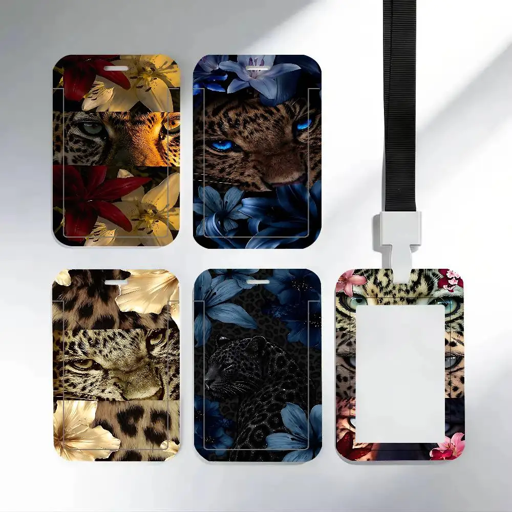 Leopard Print Eyes Flowers ID Card Holder Cute Badge Holder PVC Card Cover With Clear Window For Student Office Bus Card