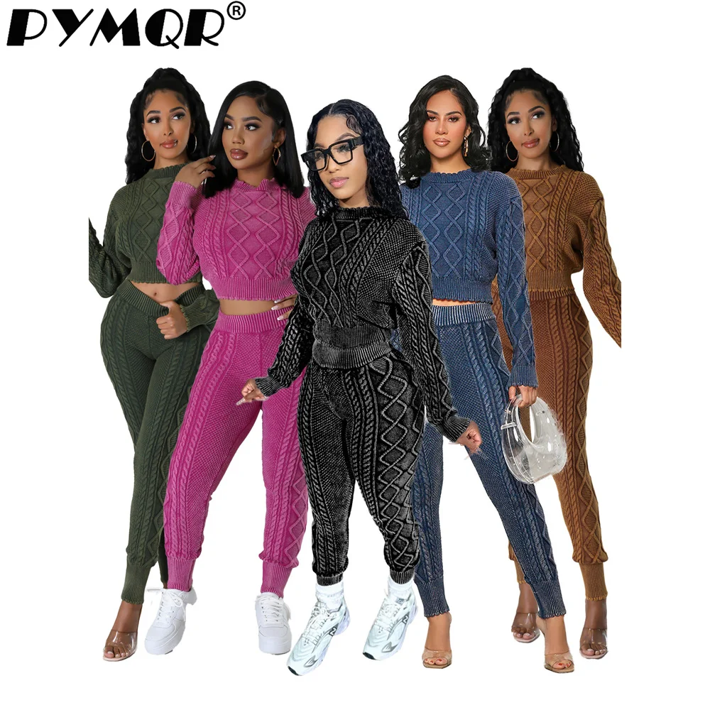 PYMQR New Vintage Knitted Sweater Set Women 2 Piece Set Long Sleeve Round Neck Water Washed Fried Dough Twists Pullover Suits