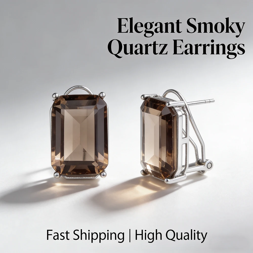 Pendientes de Cuarzo Ahumado Natural Místico, Plata de Ley 925, Corte Esmeralda, Gema Marrón de 12*16mm, para Mujer, Joyería para Fiestas y Eventos, Regalo