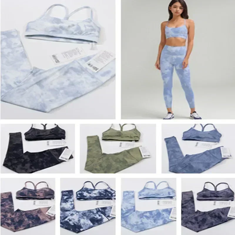 

2PCS women's Yoga Set Tie dyed Printing High Waist Leggings Sportswear Gym Top Y-shape Bra Fitness Workout Tracksuits