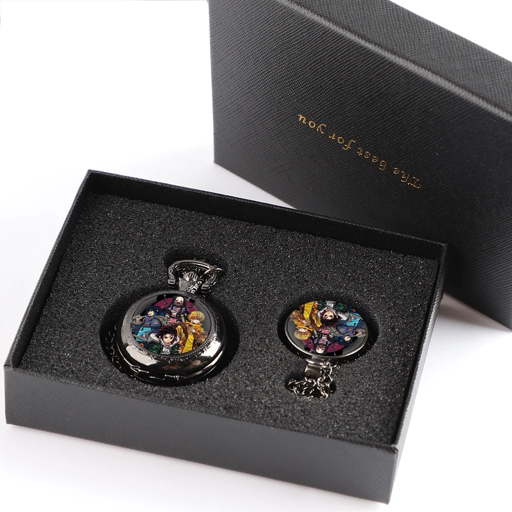Set Hadiah Jam Saku Berkualitas Tinggi Dengan Kotak Desain Anime Demon Slayer Kalung Aksesoris Jam Untuk Pria Hadiah