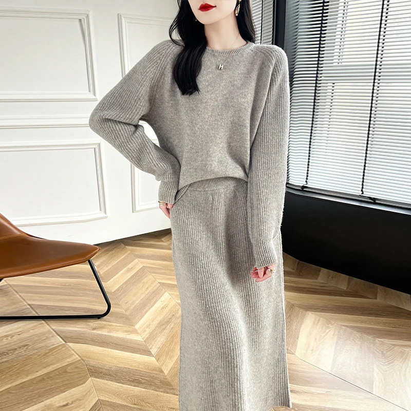 2024 Autumn/Winter Wool Suit Hot Sale Women Pure Wool Sweaters And Dresses 100% Wool Knitted Loose  Leisure Warm Wool Suit