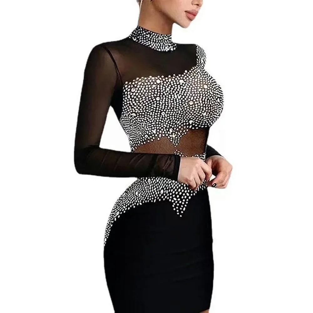 Hip-length Dress Tights Wedding Banquet Party Women's Dress Fashion Slim Dress Glitter Bright Diamond knitted Lace Hollow Trendy