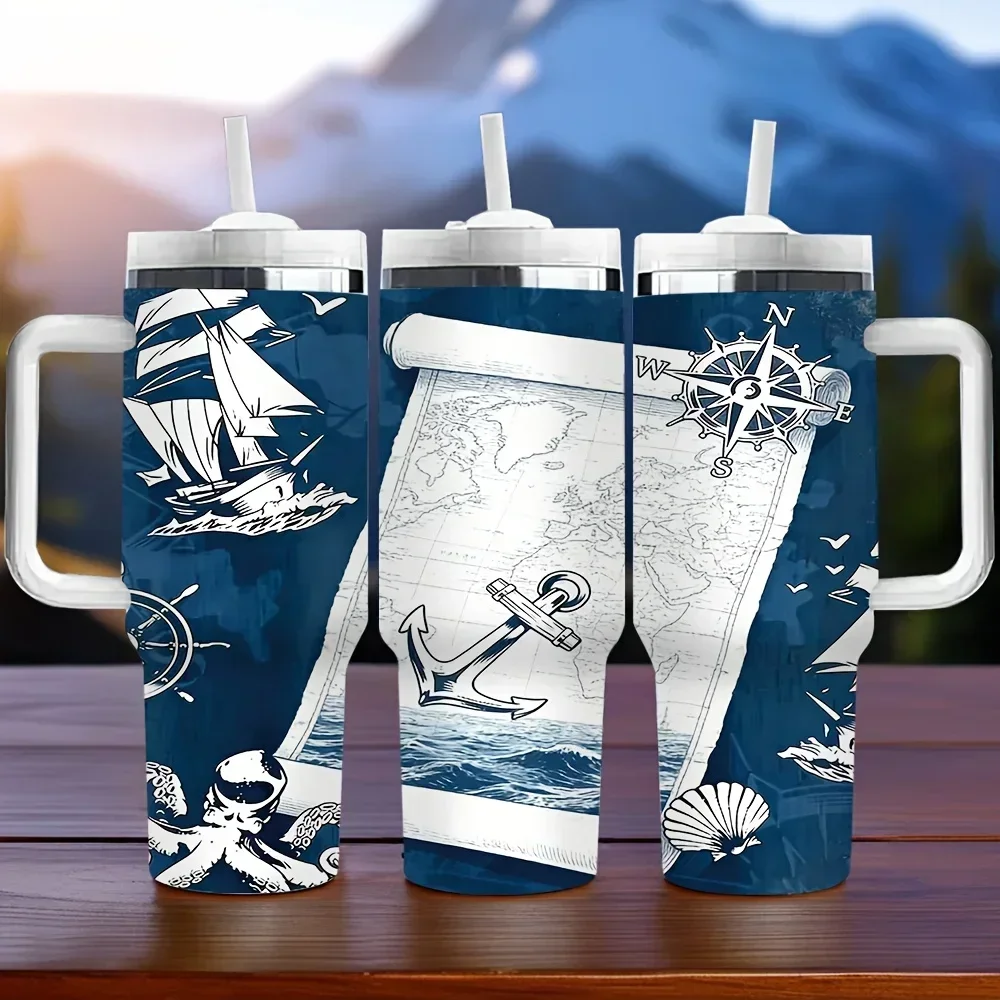 40oz Insulated Tumbler with Handle, Printed with Nautical Sailing Elements, Great As Holiday Birthday Gift, Suitable for Daily Use Outdoor Travel And Keeps Drinks Temperature Long Time