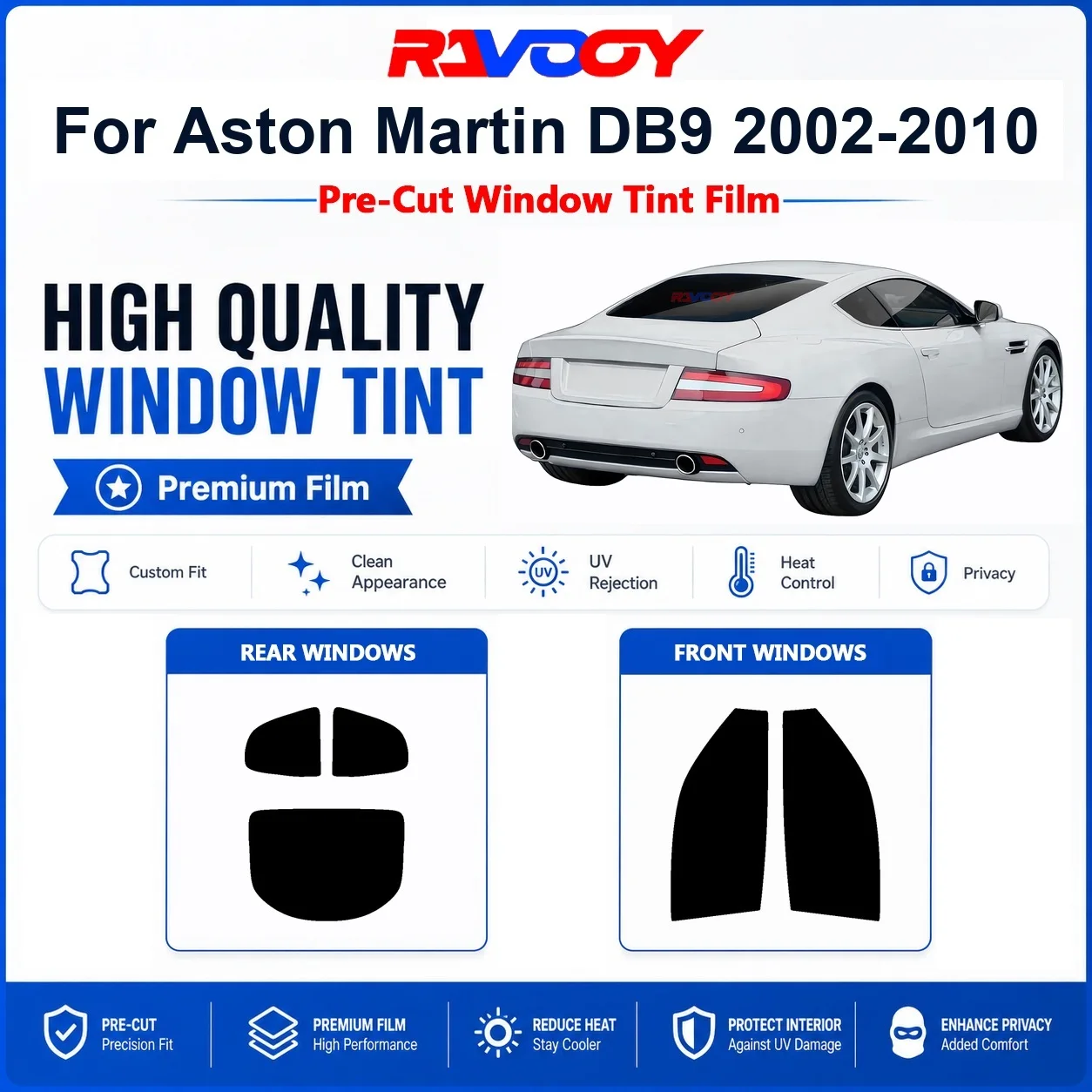 Премиальная предварительно нарезанная тонировочная пленка для окон Aston Martin DB9 2002-2010 (передние и задние стекла) с защитой от УФ-излучения и теплоизоляцией, обеспечивающая конфиденциальность