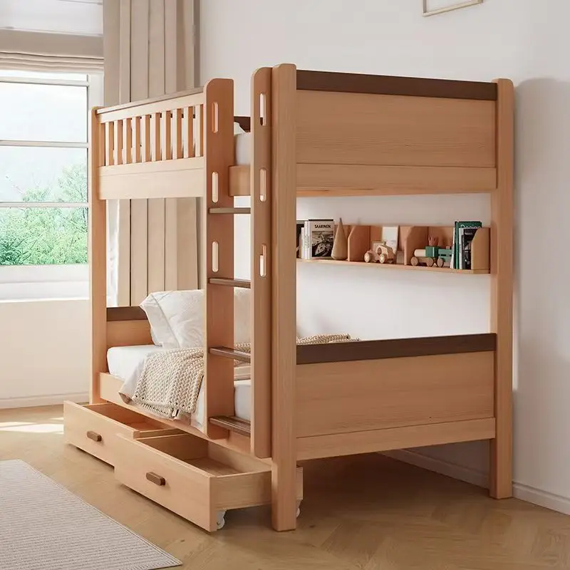 ！@Nature Oak Wooden Bunk Bed With Slide and Drawers Cabinet Stair Wooden Bunk Children Beds for Kids Room  Bedroom Furniture
