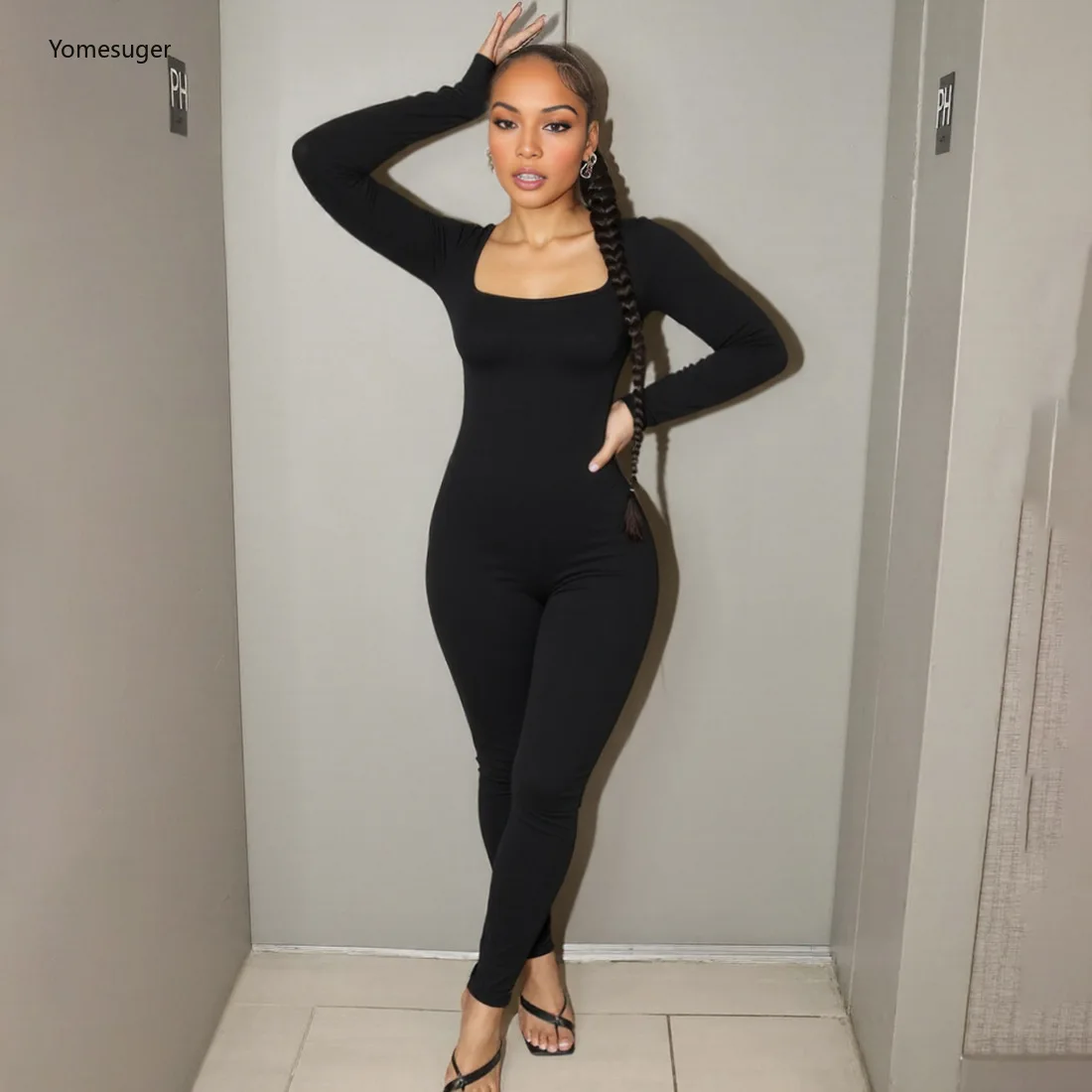 Yomesugar 2025 خريف المرأة عارية الذراعين ضمادة بذلة مثير U الرقبة كم كامل تمتد نحيل رومبير اللياقة البدنية النشاط الشارع الشهير