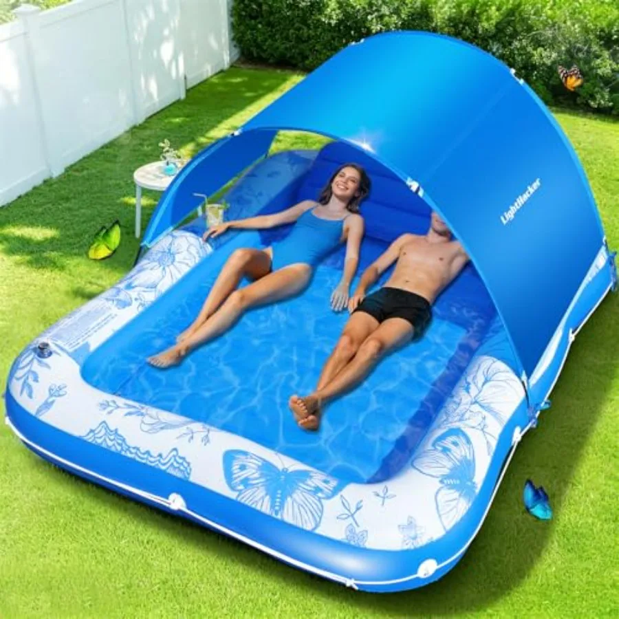 

81x60 Inflatable Tanning Pool Lounger Float with Canopy for Adult, Large Blow Up Sunbathing Bed Water Raft, Butterfly Pool Floa