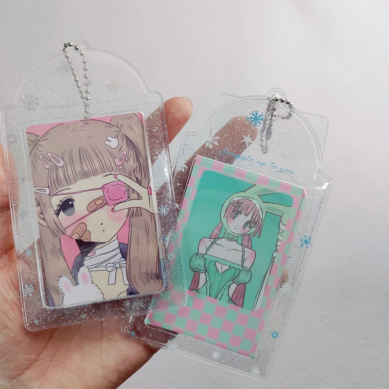 Держатель для фотокарт со снежинкой, блестящий прозрачный идол, 3-дюймовые рукава для фотокарт, ПВХ, студенческий идентификатор, автобус, чехол для карт, брелок, сумка, подвеска