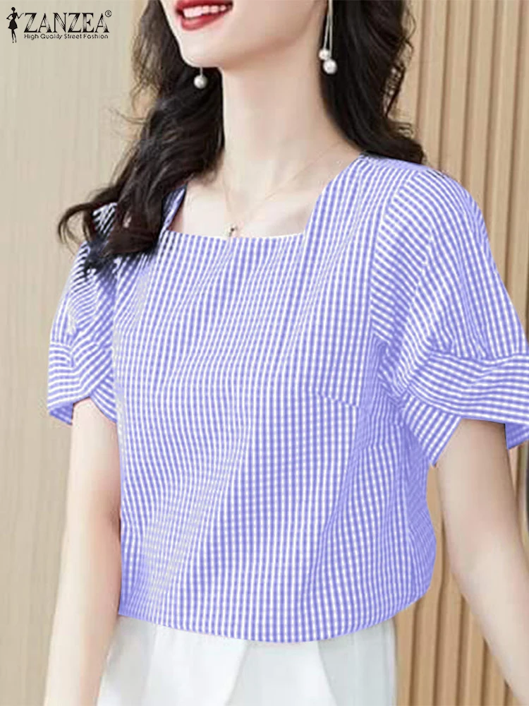 

ZANZEA Square Neck Short Petal Sleeve Blouses Checked Gingham Women 2025 Summer Smock Tops Vintage Elegant Casual Blusas Mujer