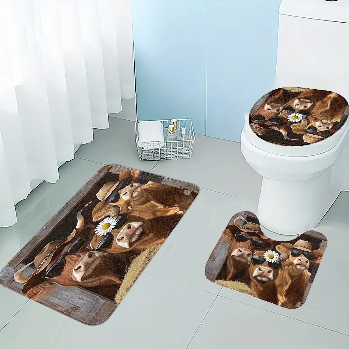 

Комплект из одного или трех предметов для ванной комнаты в западном ковбойском стиле: нескользящий коврик для унитаза + U-образный напольный коврик + коврик для ног в ванной комнате, комплект для ванной комнаты с забавным рисунком сельскохозяйственных жив