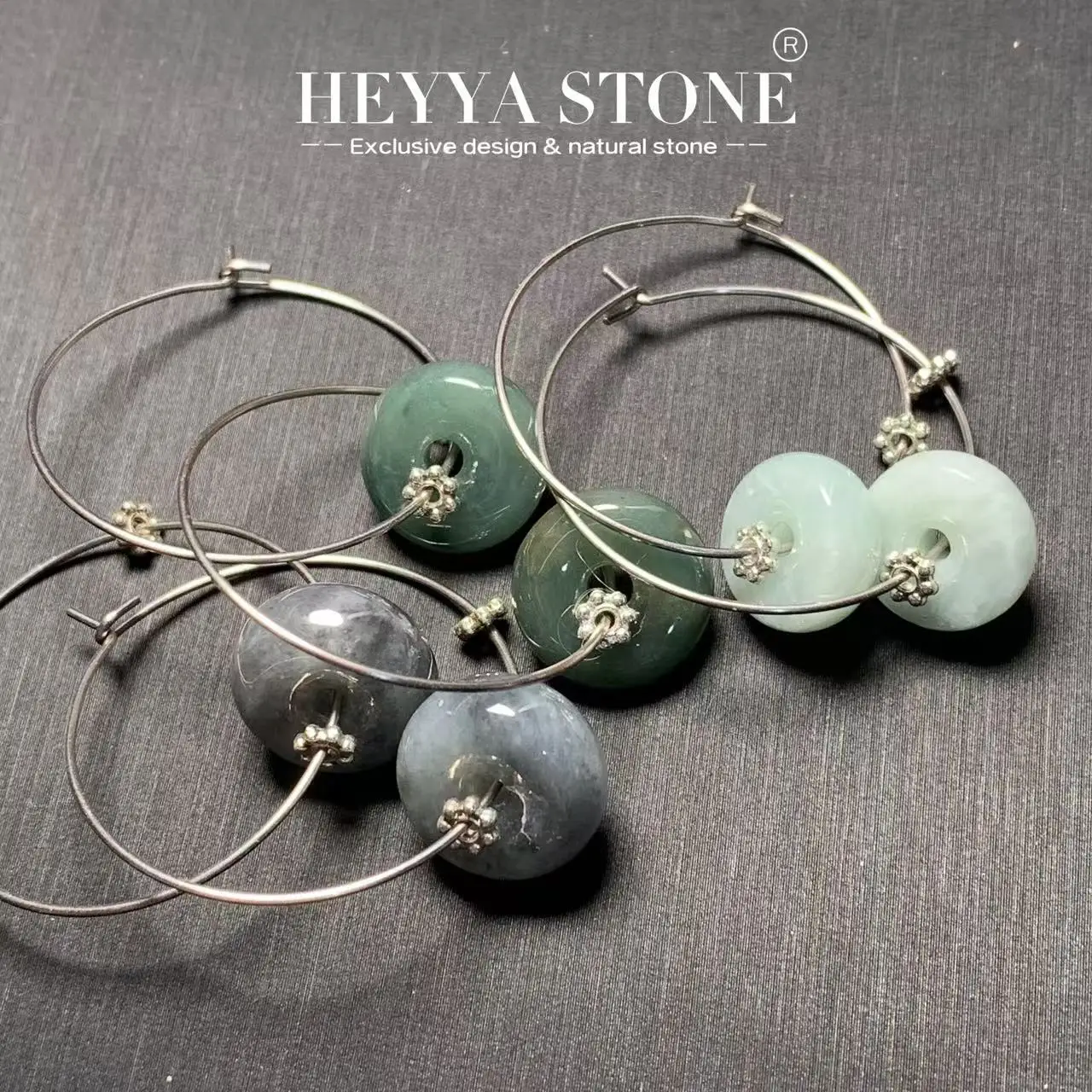 HEYYA STONE Grade A Natural Burma Blue Jade Hoop Earrings Simple Classic Stainless Steel Gemstone Jewelry Grade A