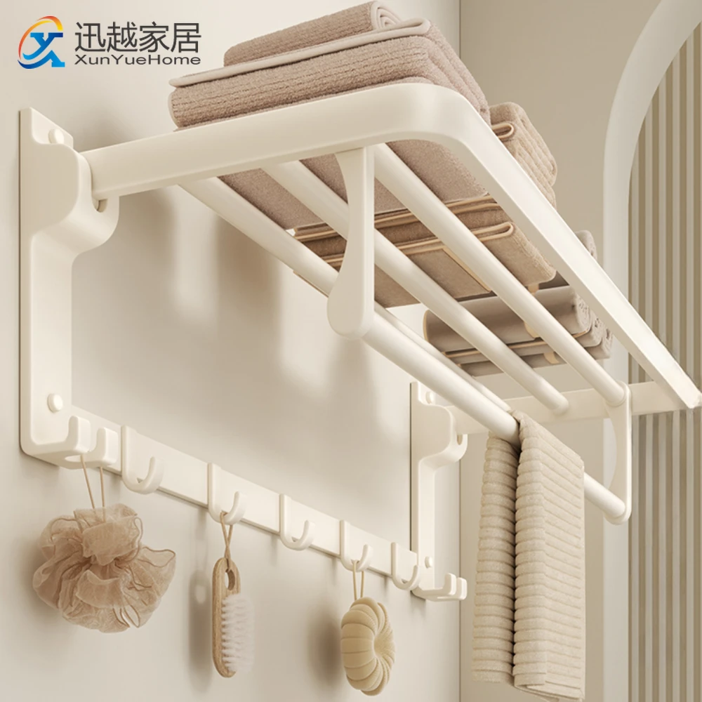 Towel Rack Wall Mounted Bath Storage Shelves Bar Hook Creamy White Aluminum Bathroom Organizer Toilet Paper Holder Accessories