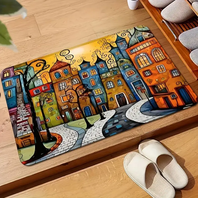 VIKAMA Fantasy City Street Rug Fairytale Colorful Houses Art Illustration Non Slip Entry Mat Washable Entryway Doormat Decor
