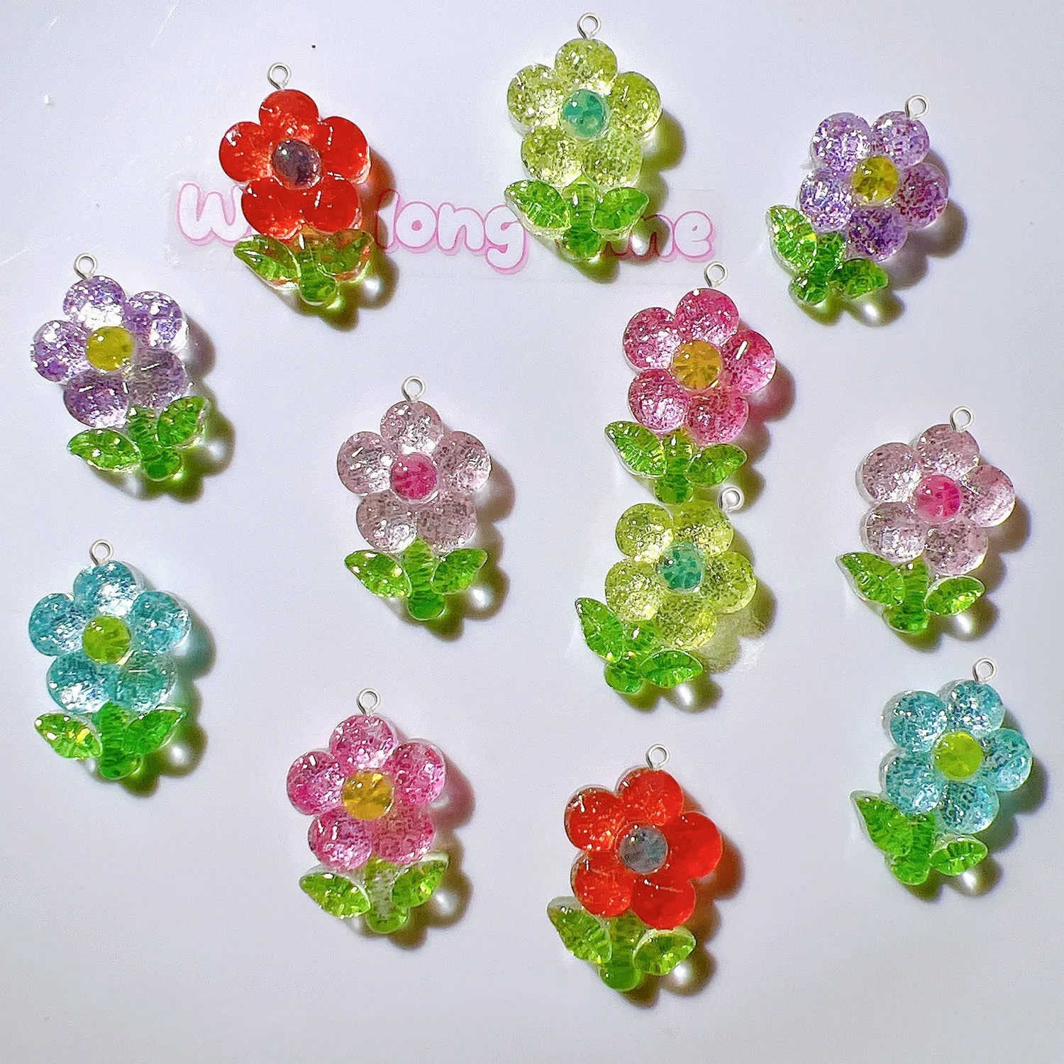 10Pcs Shiny Glitter Flower Resin Pendants With Green Leaves Eye Pin Charms DIY Handmade Jewelry Key Chain Craft Supplies Ring