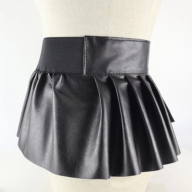 

2024 Ladies Fashion PU Leather Elastic Wide Waistband Classic Stretch Pleated Skirt Peplum Cinch Belt A-line Skirt Belt Women