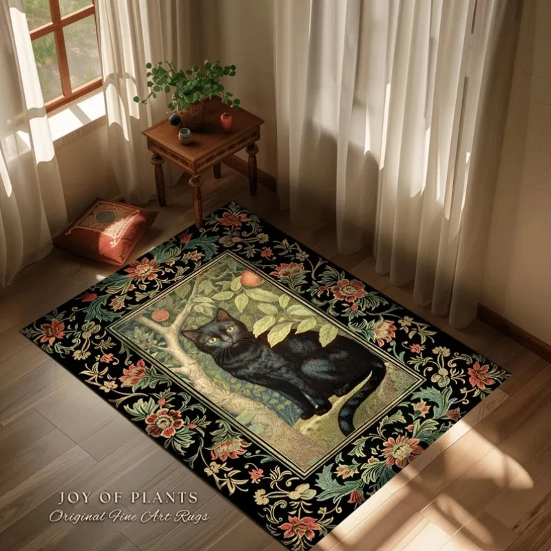 Dark Woodland Vintage Aesthetic Mystical Black Cat Rug Cottagecore Cat Lover Decor Forestcore Morris Inspired Dark Academia Rug