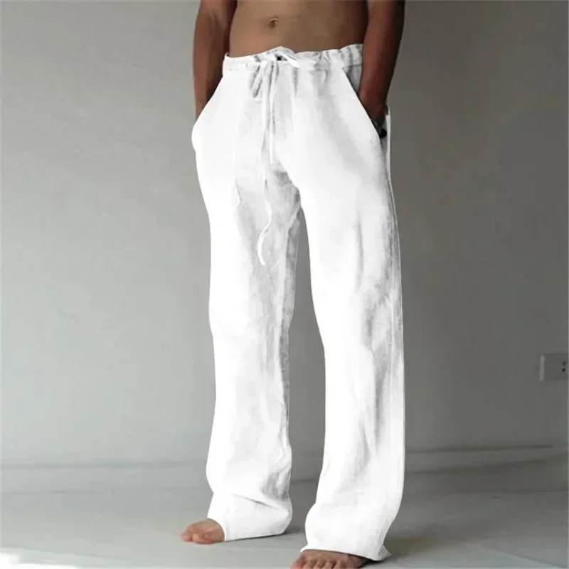 Casual Men's Cotton Linen Pants Fashion Solid Pocket Drawstring Baggy Trousers Comfort Loose Wide Leg Pant Streetwear Sweatpants