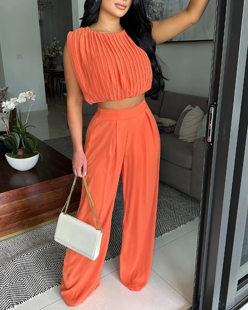 

Women's Two-Piece Set Temperament Commuting 2 Pieces Round Neck Sleeveless Ruched Crop Top and Casual Loose Fit Pants Set