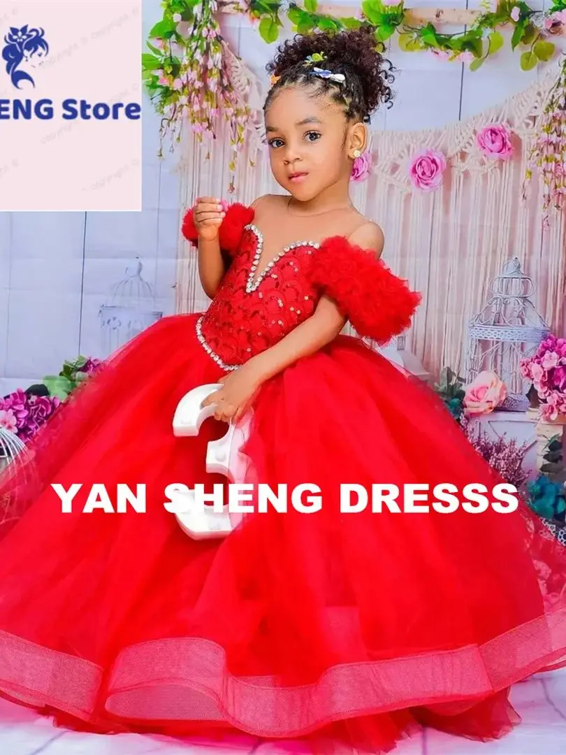 تخصيص شير الرقبة مطوي الكشكشة المتدرج تول الترتر الكرة زهرة فتاة فستان العباءات لحفل زفاف الاطفال عيد ميلاد أول بالتواصل