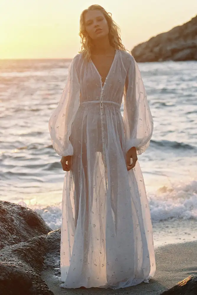 TEELYNN-Robe longue à manches longues pour femmes, col en V vintage, lanterne, robe maxi pour femmes, robe décontractée, robes brodées en coton, été Boho Beach Vestieducational