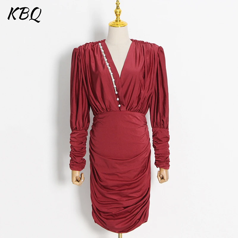 

KBQ Temperament Slimming Spliced Folds Dresses For Women V Neck Long Sleeve High Waist Elegant Bodycon Dress Female Fashion New