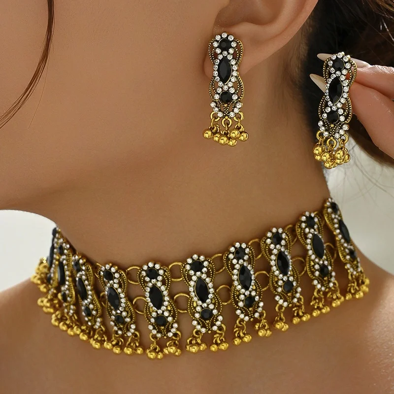 Vintage Two Piece Jewelry Set Inlaid Crystal Daily Wear Party Accessories Women's Necklace Earrings Sets Jewelry