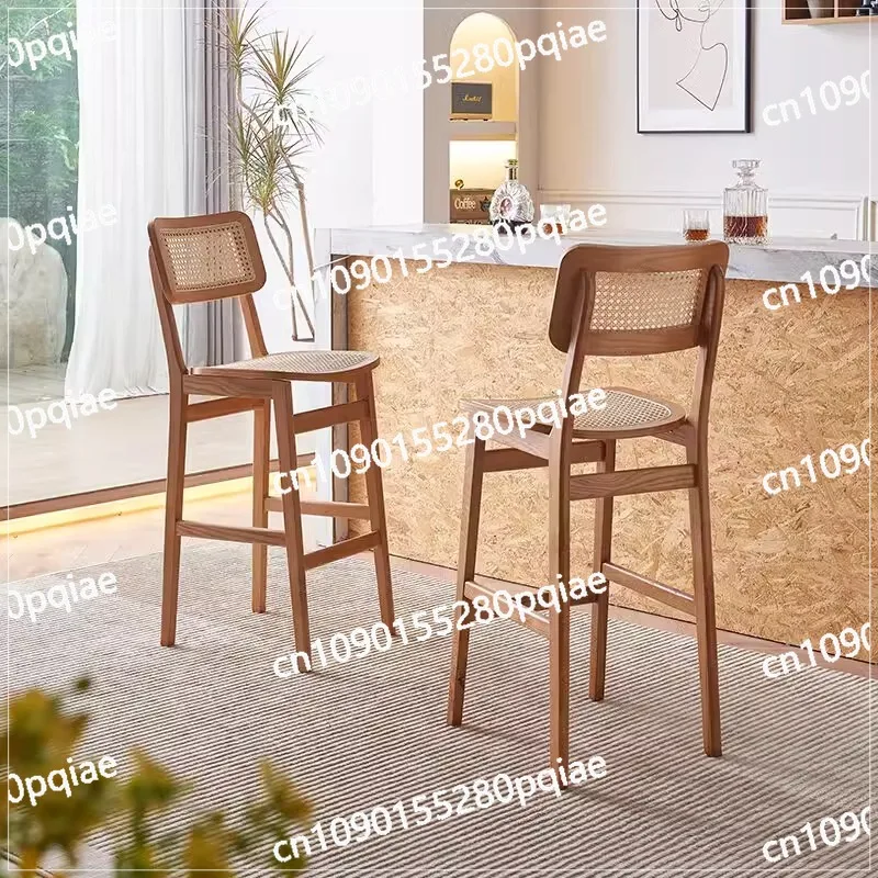 Nordic Bar Stool Modern Minimalist Home Japanese Rattan Bar Stool Backrest Ins Style Café Bar Stool