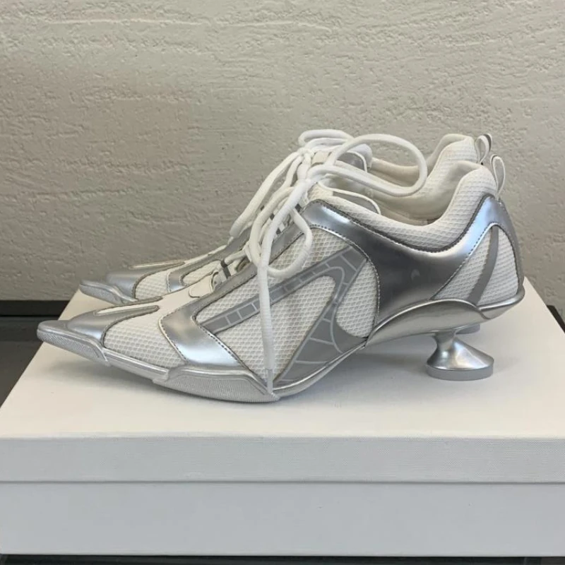 

Silver Lace-up Sports Heels Women Fashions Pointed Toe Strange Style Mesh Sneakers Elegant Punk Shoes Female Luxury Brands Pumps