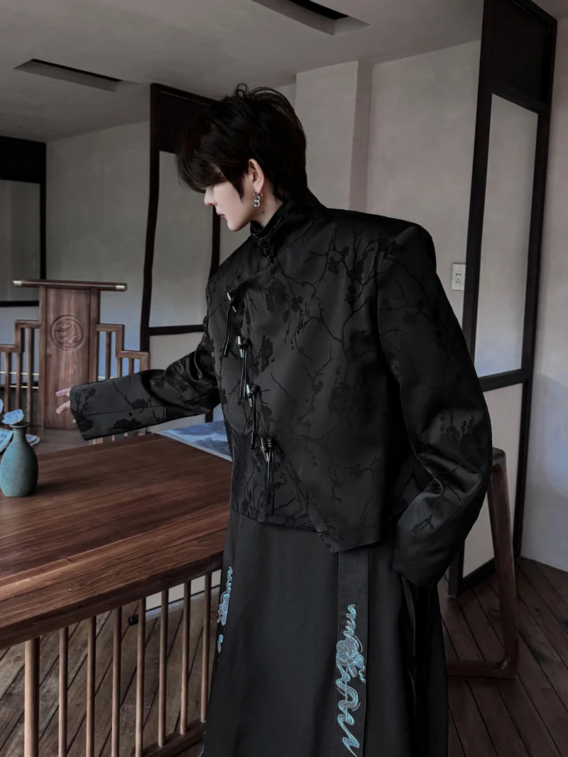 

Новый мужской костюм-жакет в китайском стиле с воротником-стойкой и пуговицами, повседневный модный дизайн, городской стиль, длинный рукав