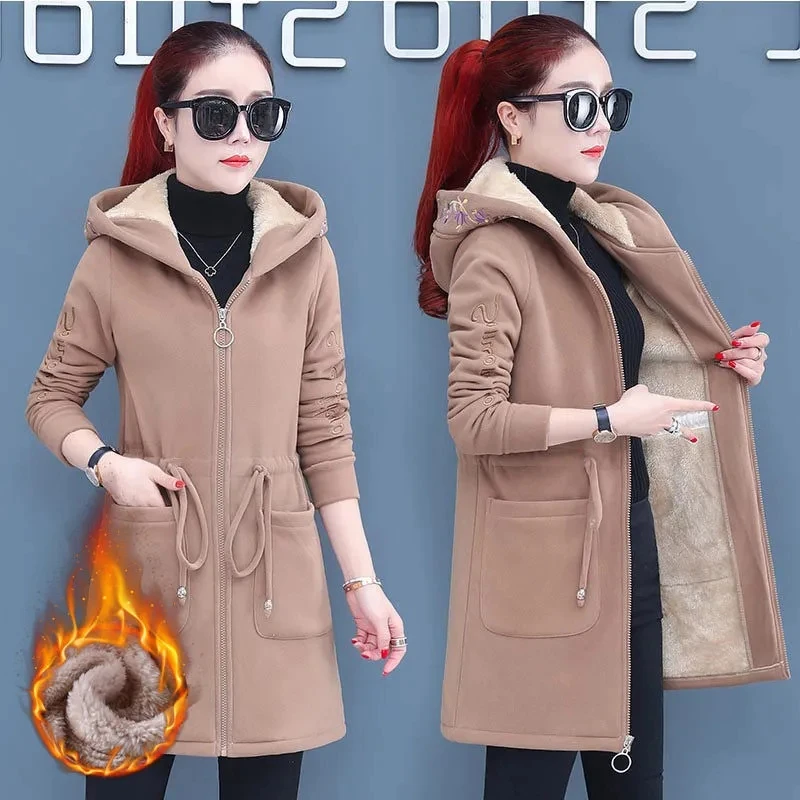 

Plus Velvet Thick Lamb Plush Jacket Women Autumn Winter Parkas Lace-Up Of Hooded Loose Long Embroid Trench Coat JJ445
