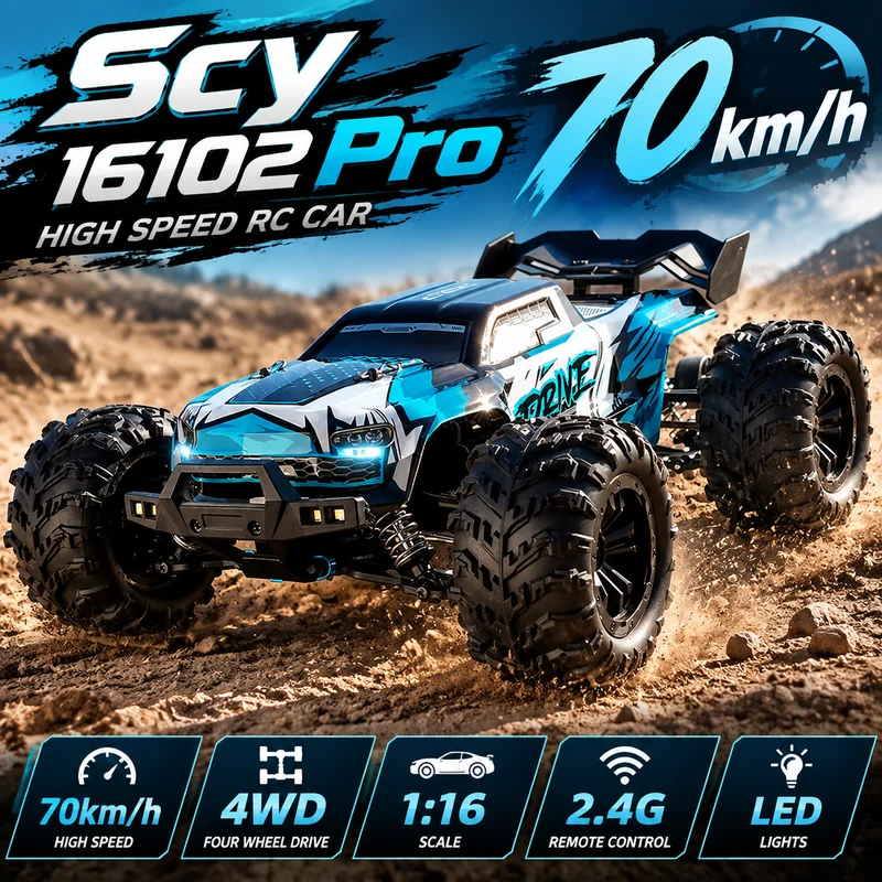 Scy 16102 Pro 1/16 4WD RC Monster Truck 70km/H High Speed Drift Car With LED Light 2.4G Remote Control Off‑Road Vehicle Hobby
