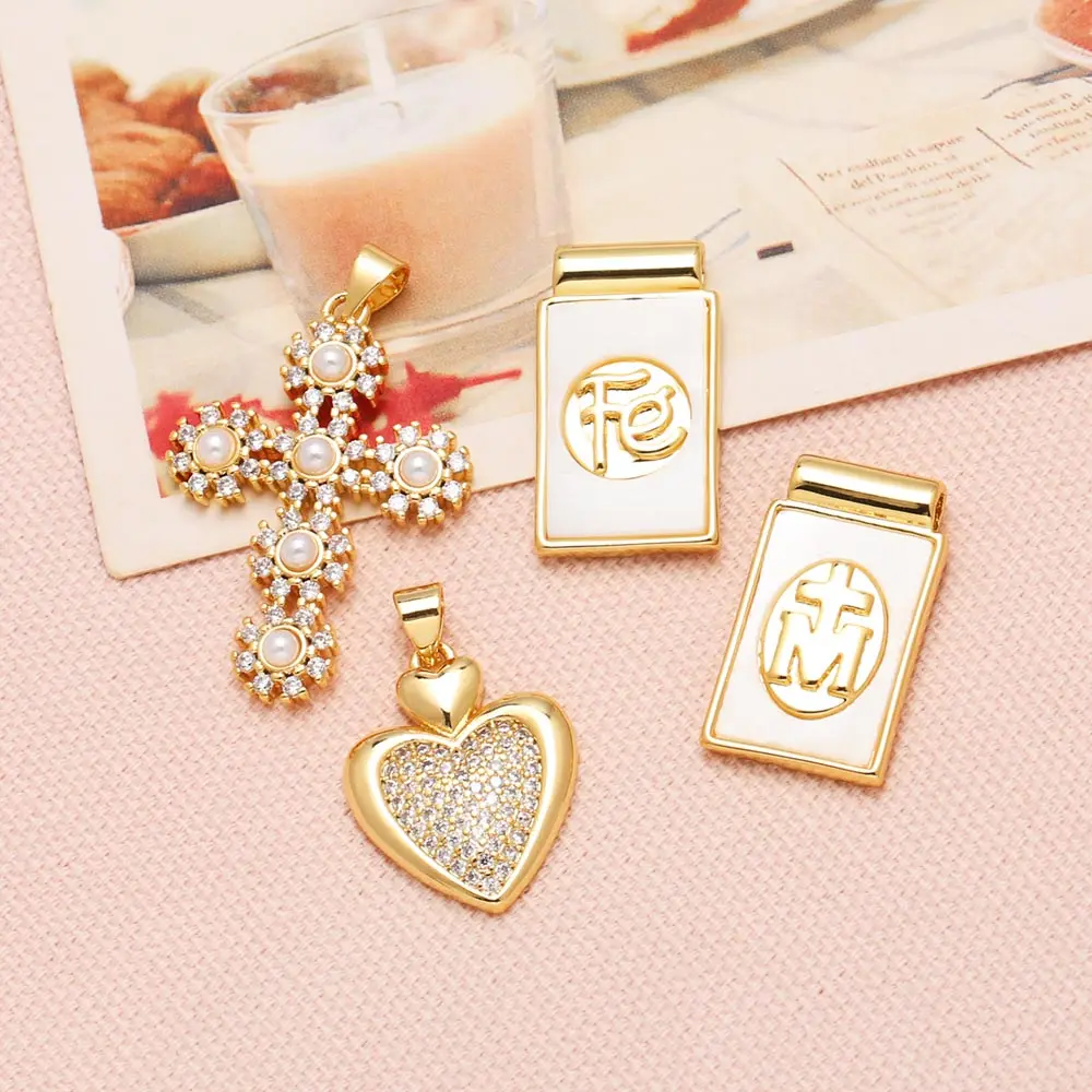 OCESRIO White Crystal Heart Beads Cross Pendant for Necklace Copper Gold Plated shell FE Jewelry Making Supplies pdtb218