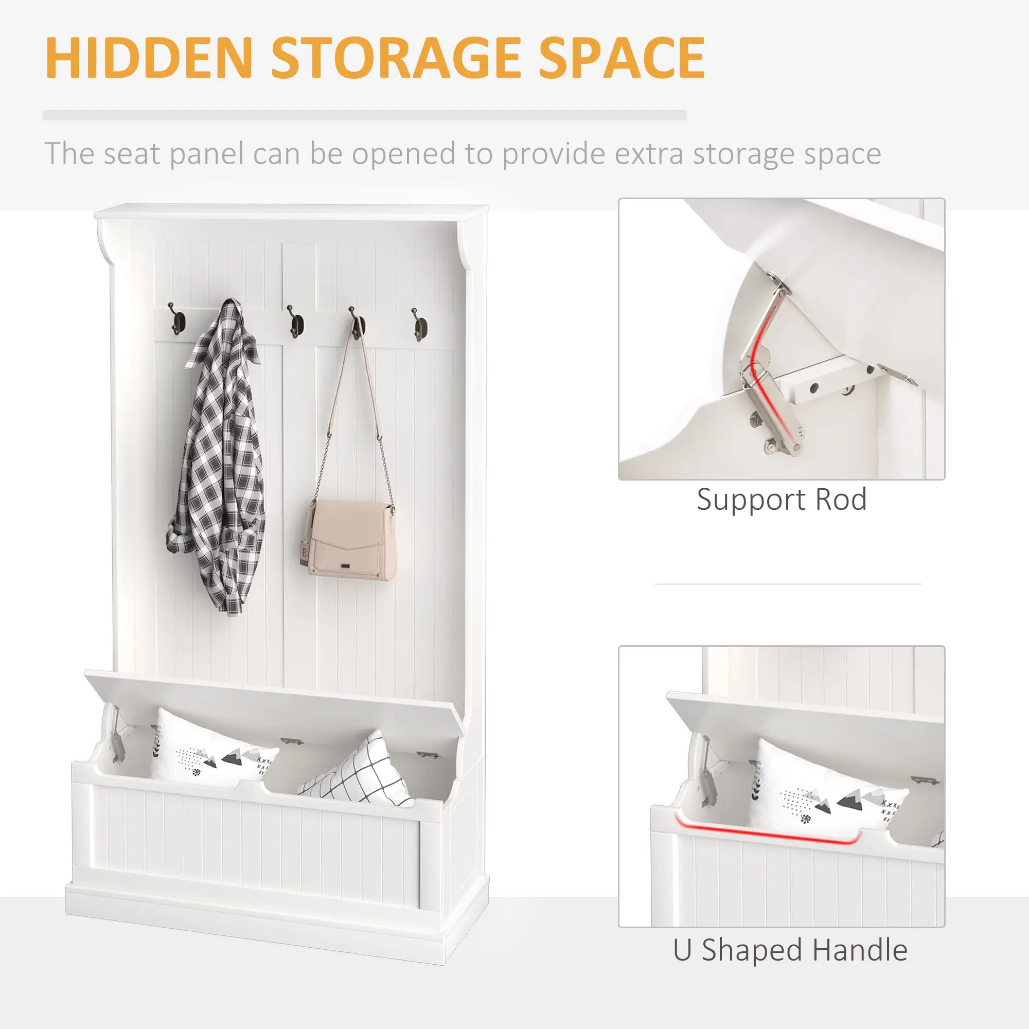 71" Hall Tree with Storage Bench, 3-In-1 Coat Rack, White Entryway Organizer view 6
