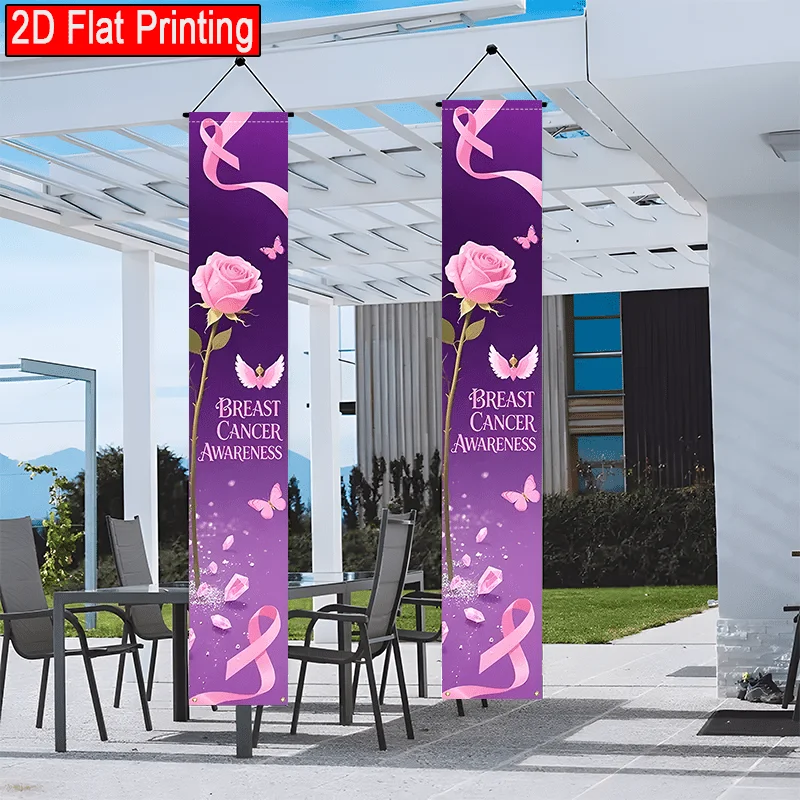 Grande bannière de porche avec ruban rose et motifs floraux, drapeau suspendu pour porte d'entrée, décoration de jardin, fournitures de charité pour la prévention du cancer du sein et les fêtes thé.