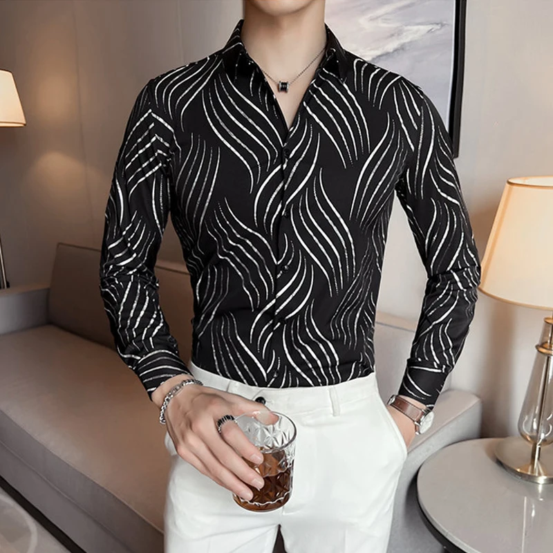 

Plus Size 4XL Bronzing Striped Men Shirts Autumn Fashion Long Sleeve Male Dress Shirt Club Party Wear Social Casual Blouse Homme