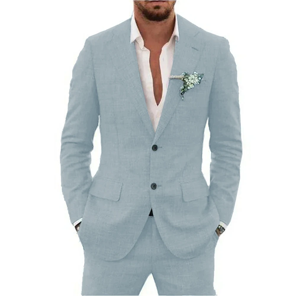 Casual Linen Suit for Men Notched Lapel Slim Fit 2 Pieces for Wedding Dresses Summer Beach Tuxedo Suits for Men